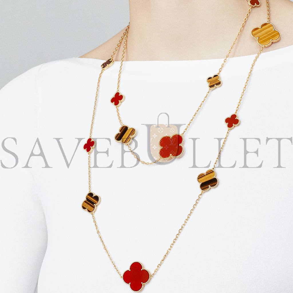 V*N CL*F arpels magic alhambra long necklace, 16 motifs - yellow gold, carnelian, tiger eye  vcarn5jo00